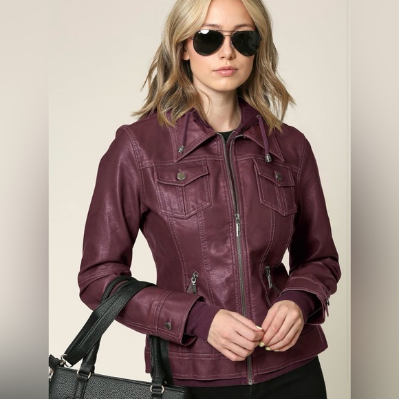 Faux Leather Jacket Women Motorcycle Coat for Biker with Removable Hood -wine - Picture 5 of 7